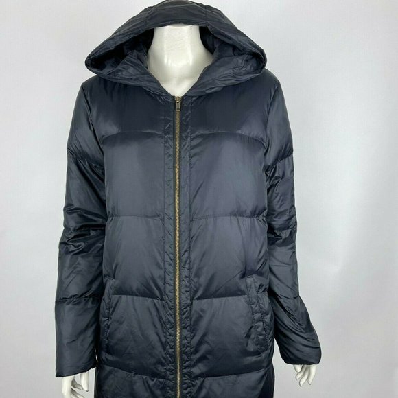 Eileen Fisher Parka Hooded Down Coat Jacket Long Sleeve Pockets Black Women L